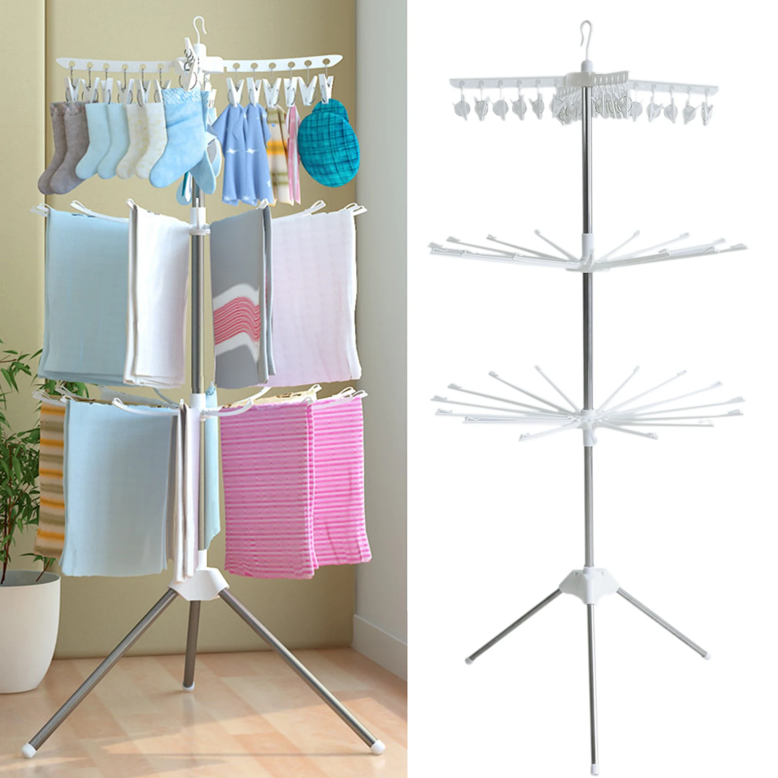 

3 Tier Clothes Drying Rack Steel Laundry Tripod Coat Hanger w/Pedestal Stand Foldable Stainless Steel Stand