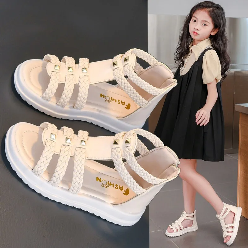 Summer Sandals for Girls New Versatile Solid Color Korean Style PU Soft Non-slip Flat Casual Weave Roman Shoes for Princess