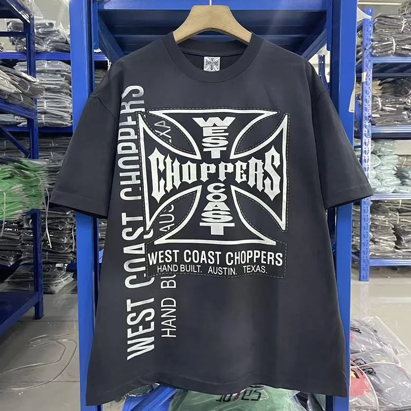 American Streetwear Style West Coast Choppers T-Shirt Short Sleeve Men Women Letter Print Streetwear Cross Men's Top