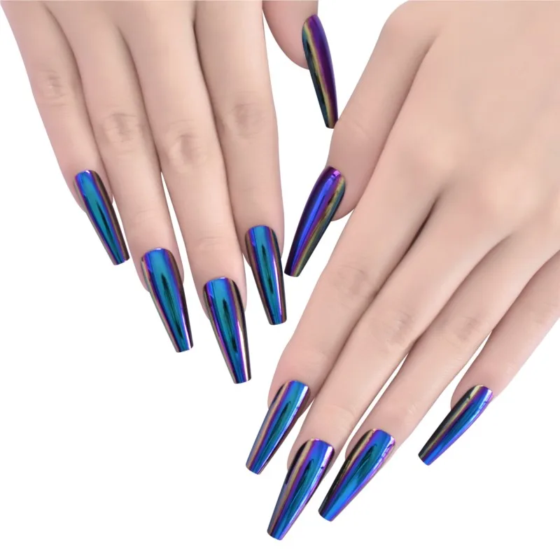 Chrome Diamond Blue Press On Fingernails Metallic Mirror Holo Fake Nails Extra Long Ladies Designed Tips for Finger