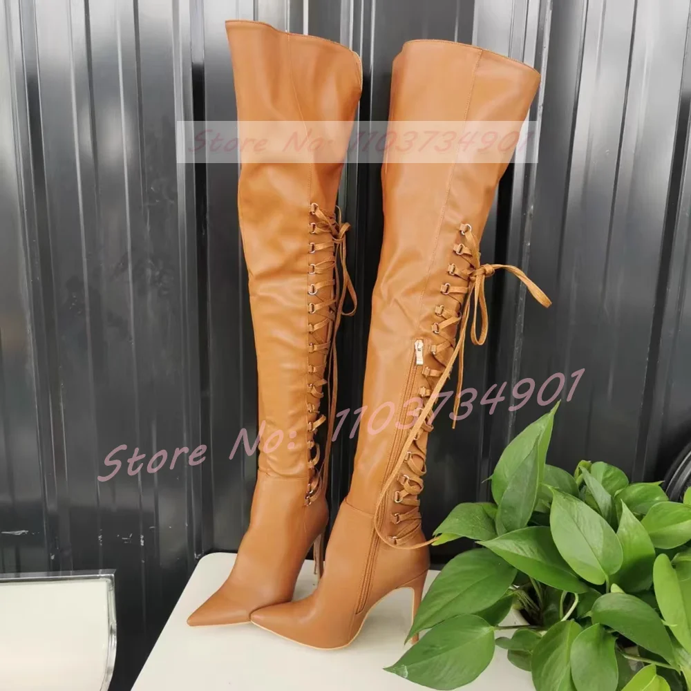 Lace Up Brown Thigh High Boots Women Sexy Pointy Toe Side Zipper High Heels Shoes Ladies Party Fashion Slim Leggy Big Size Boots