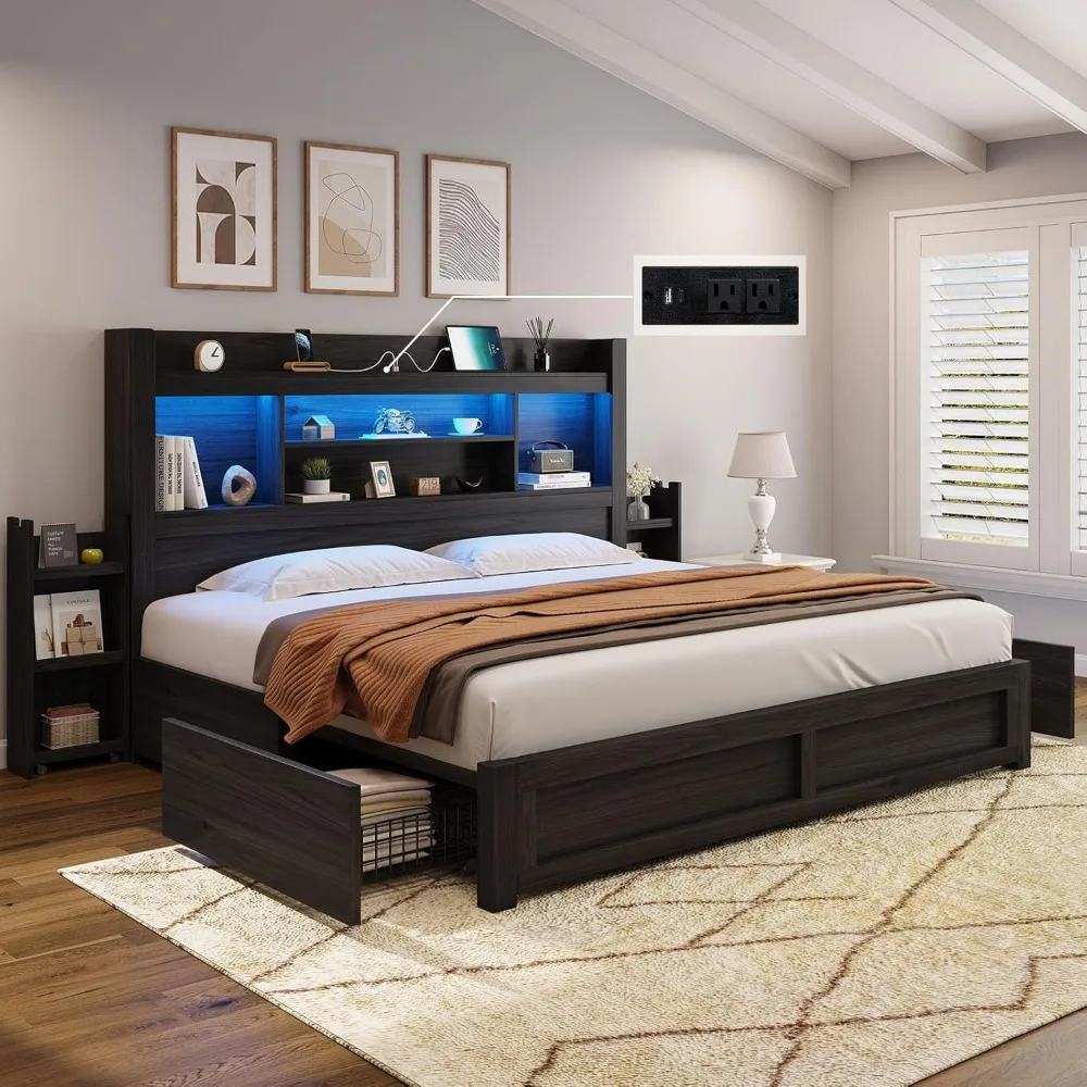 

King Size Bed Frame with 4 Storage Drawers, with 49.6" Tall Bookcase Headboard, with Charging Station, LED Bed Frame