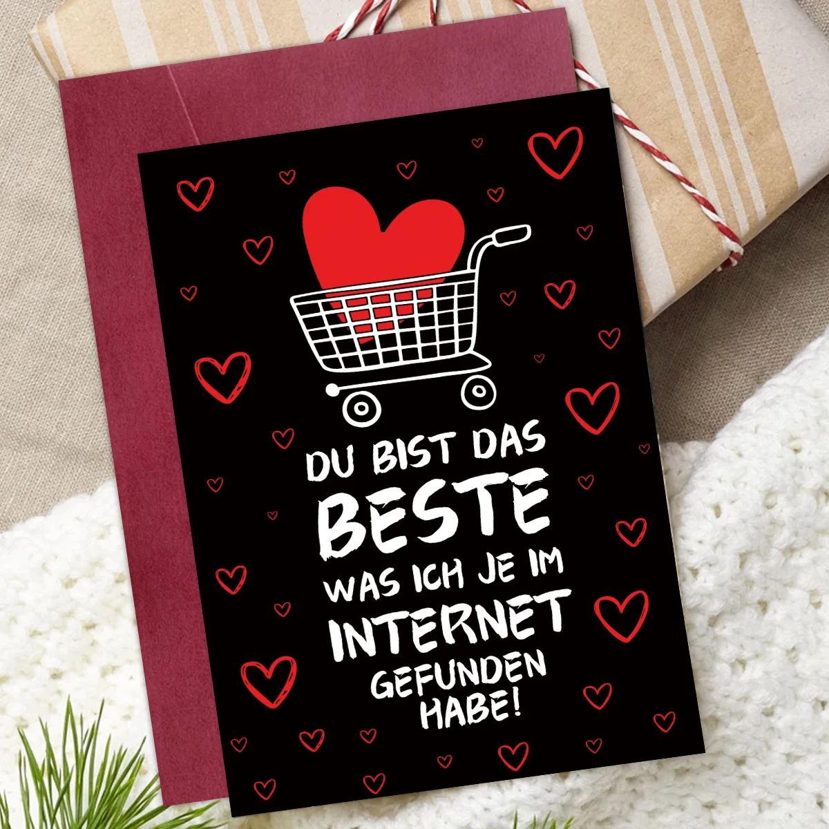 1 Stück deutsche romantische Grußkarte mit Umschlag – Herzfilzsatz für Valentinstag, Jahrestag, Liebesbrief, Online-Liebhabergeschichte
