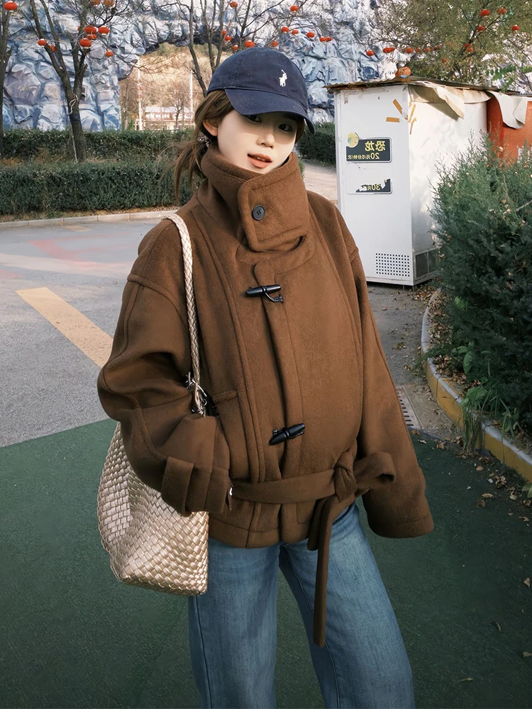 

Casual Thiened Woolen Coat Women's Spring Autumn Winter Faionable Loose Top Button Design Pure Color Long Sve Coat