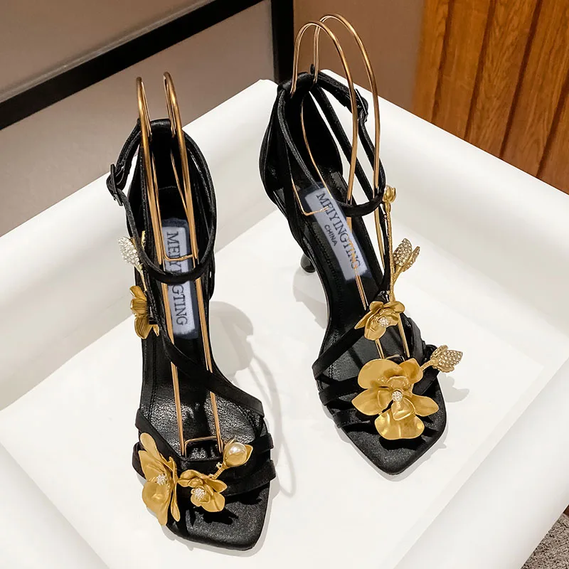 New 2024 Open-toed Square Head Golden Rose Sandals Niche Fashion Sexy Women With High Heels