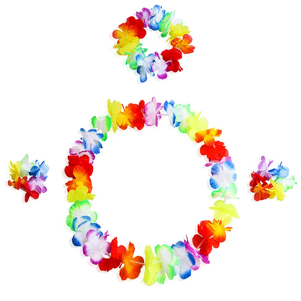 

5pcs Grass Skirt Set For Hawaiian Party Wear Adjustable Tropical Dance Skirt Bright Cloth Flowers Hawaii Luaus Wedding