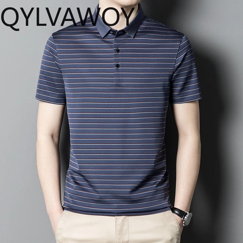 QYLVAWOY 100% Pure Mulberry Silk Polo Shirt Lapel Stripe T Shirt for Man Summer Men's Polo Shirts Short Sleeve Camisas Masculina