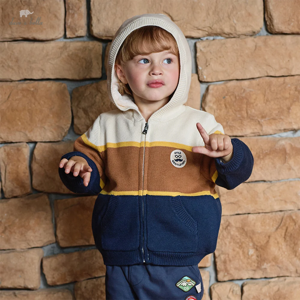 Dave Bella Children Coat Autumn Winter Boys' Contrasting Warm Hooded Top Cardigan Sweater Children Clothing Outerwear DB4243007