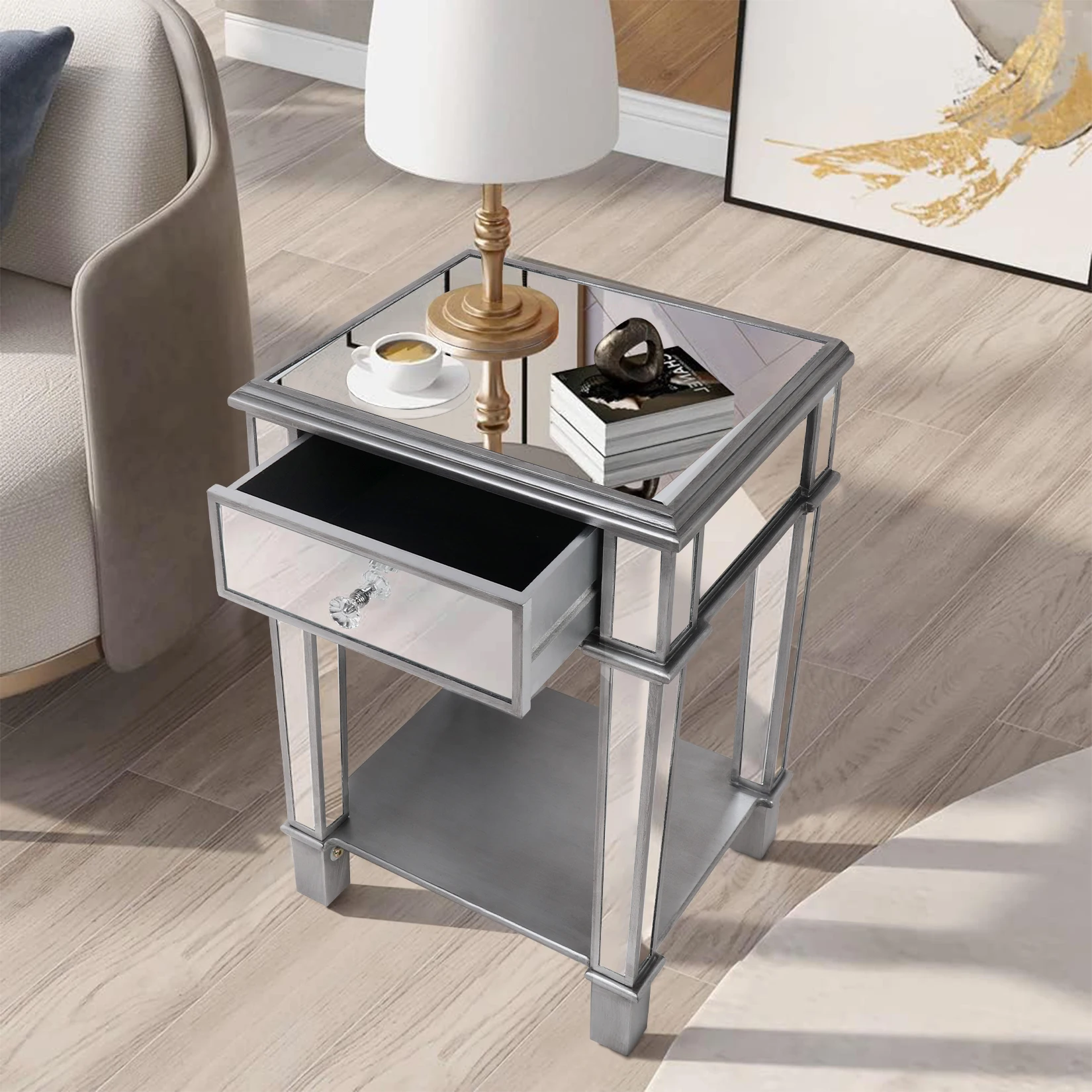 Silver Mirrored Coffee Tables for Living Room Bedroom 2 Tier Sofa End Side Bedside Cabinet Nightstand Desk with Drawer