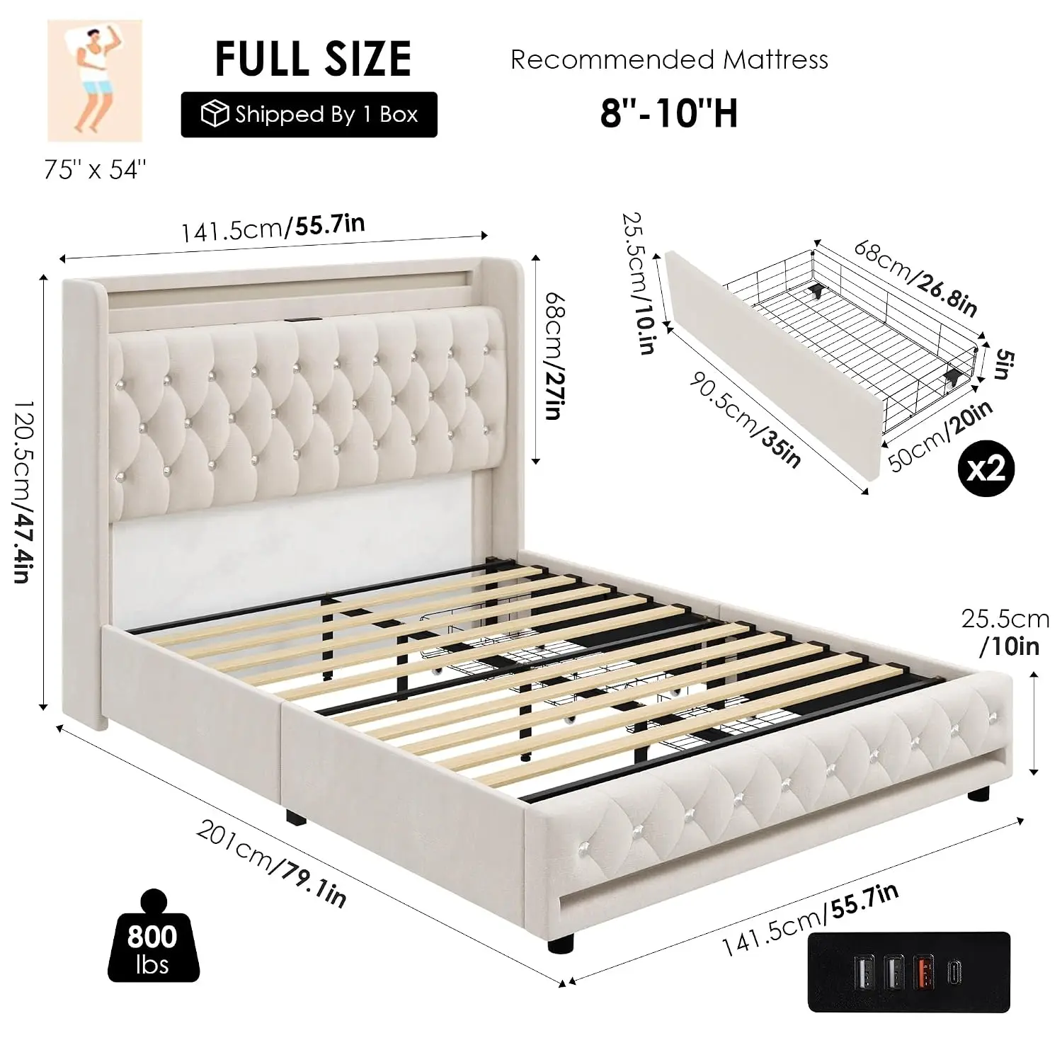 Velvet Full Platform Bed Frame LED Light Storage Charging Wingback Tufted Headboard 2 Drawer No Box Spring Needed, Customized