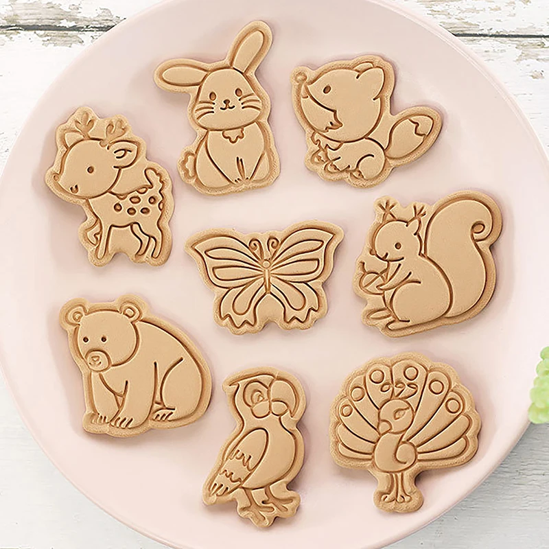 Cortadores de biscoitos de animais 8 padrão de plástico dos desenhos animados pressionável molde de biscoito confeitaria selo de biscoito cozinha ferramentas de pastelaria de cozimento