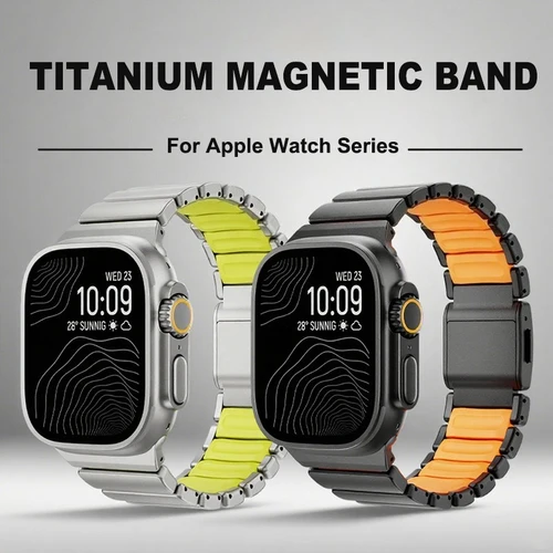 Correa de caucho de fluoroelastómero de titanio para Apple Watch Ultra 3/2 49mm 10 11 46mm banda magnética para Iwatch 9 8 7 45mm 6 SE 3 44mm