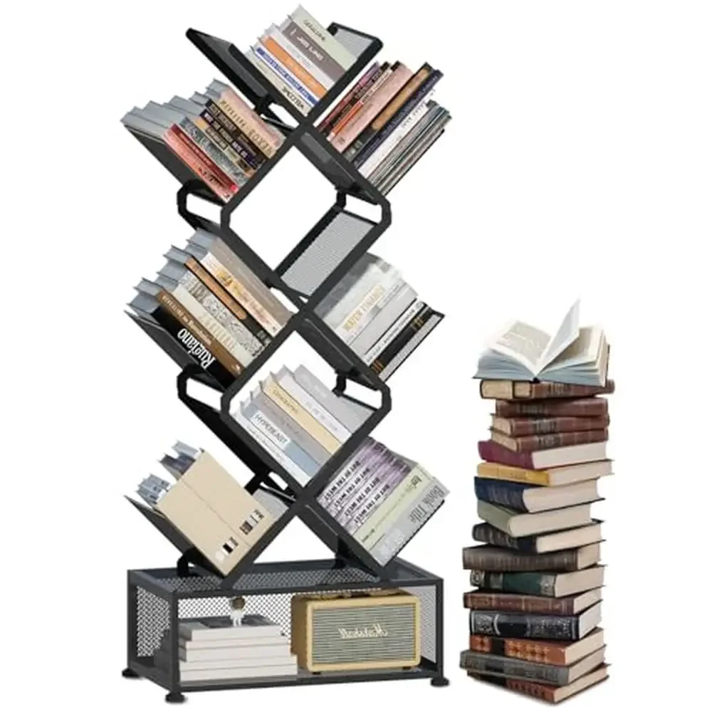 

Portable X-Shape Metal Tree Bookshelf with Storage Drawer DVD CD Display