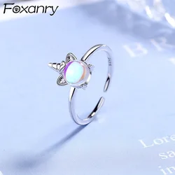 Foxanry Silver Color Unicorn Moonstone Rings For Women Girls Simple Creative Elegant Exquisite Gentle Wedding Bride Jewelry Gift