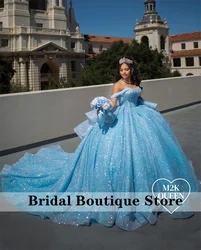 Sky Blue Quinceanera Dress Glitter Beads Pearls Birthday Prom Sweet 16 Gown Vestidos De 15 Años Corset Gown Customized