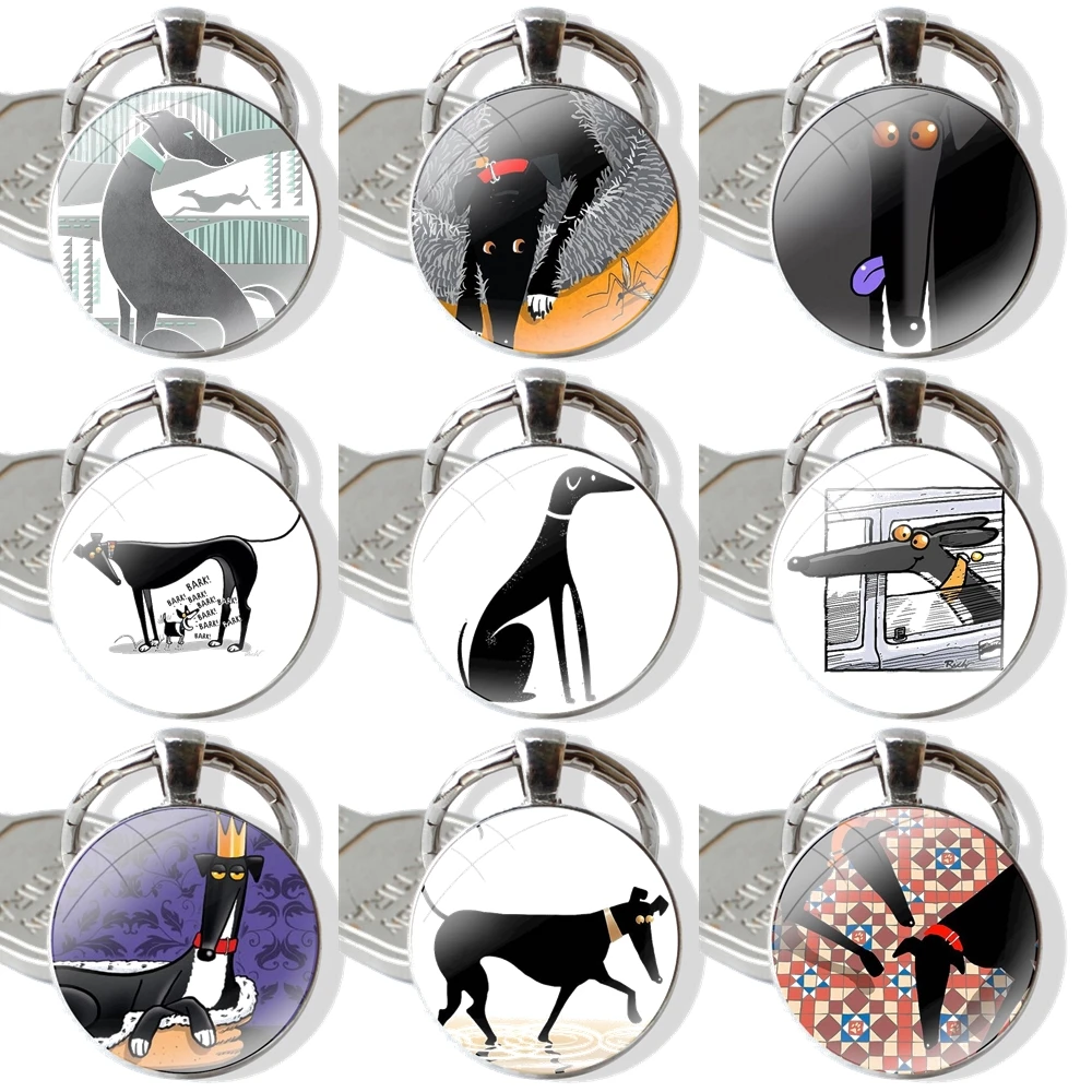 Keychain Handmade Glass Cabochon Key Ring Holder Pendant Key Chains Funny Cartoon Greyhound