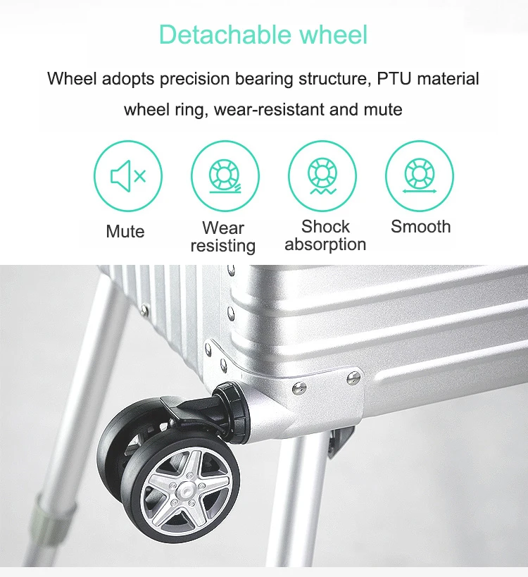 حقيبة مكياج احترافية بعجلات كبيرة بمرآة LED لمستحضرات التجميل، صندوق سفر مكياج من الألومنيوم مع ضوء وMP3