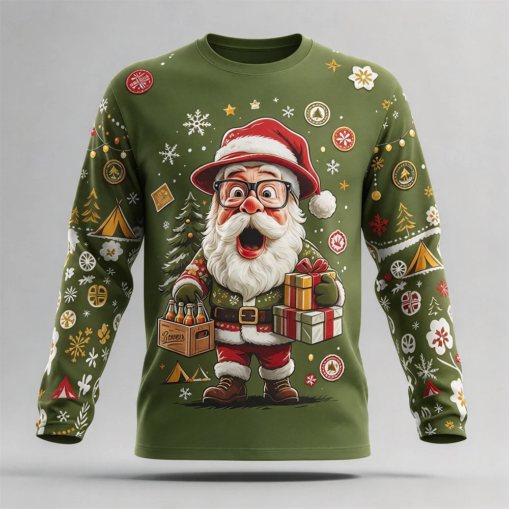 Men Christmas Long Sleeve T Shirt 3D Print Beer Drinking Santa Pattern Ugly Xmas Style Casual Tops Winter Holiday Party Clothing