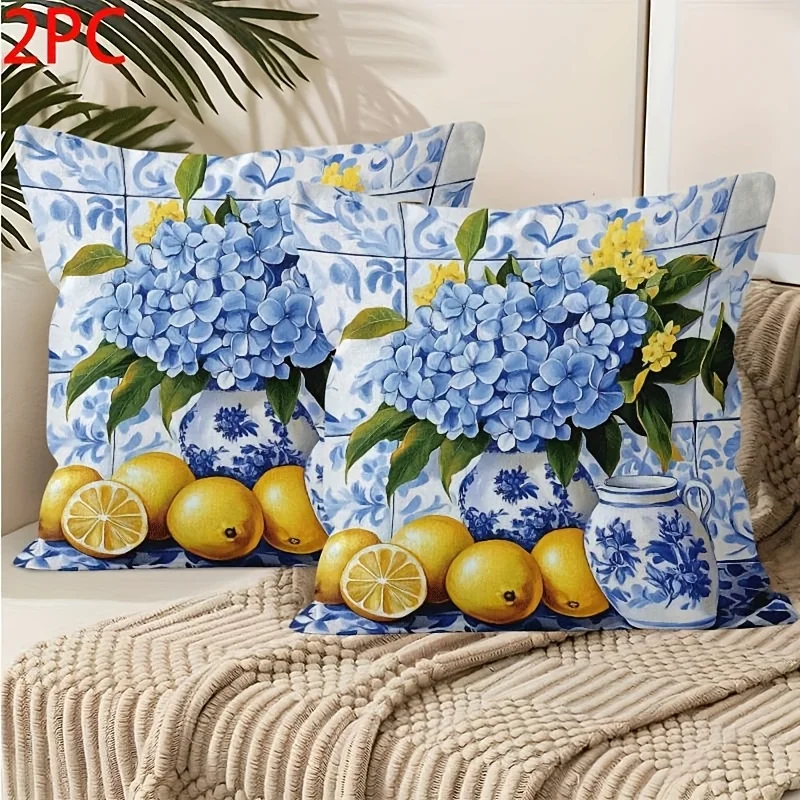 2pcs Hydrangea Lemon Blue and White Porcelain Throw Pillow Covers Summer Farmhouse Decor Cushion Cases