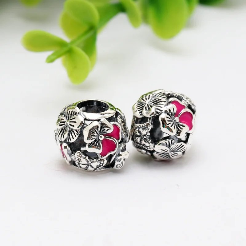 

New Original 925 Sterling Silver Bead Pansy Flower Rose Pink Enamel Charm Fit Pandora Bracelet DIY Women Girl Jewelry Dropship