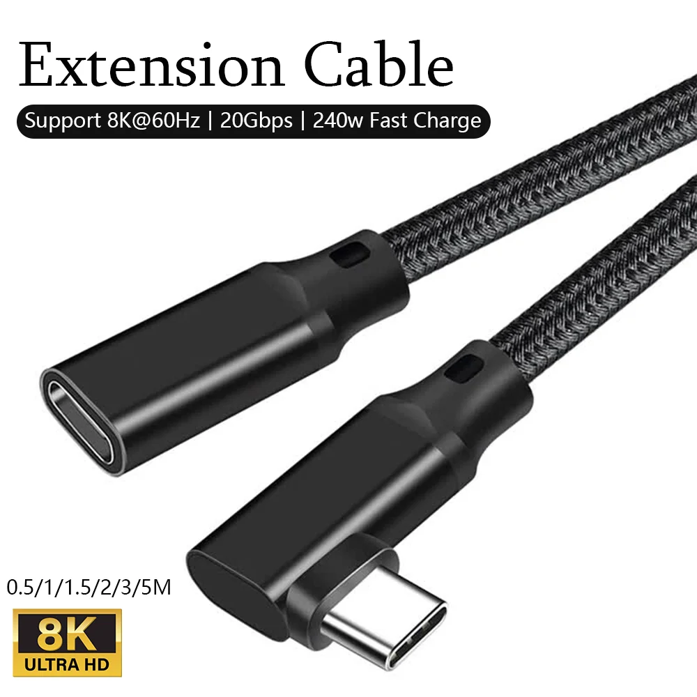 20Gbps USB C 3.2 Extension Cable 90 Degree USBC 3.2 Gen2 Type-C Male to Female Extender Cable 8K@60Hz 240W Charging
