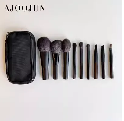 Ebony soft wool animal hair short pole mini makeup brush set with bag powder blusher brush powder brush