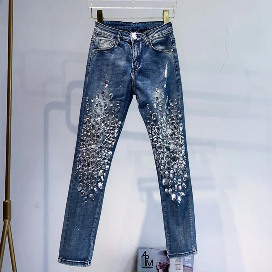 Luxury Women Handmade Diamonds Beaded Denim Pencil Pants Sewing Crystal Trousers Shiny Skinny Stretch Jeans Rhinestones Pantalon