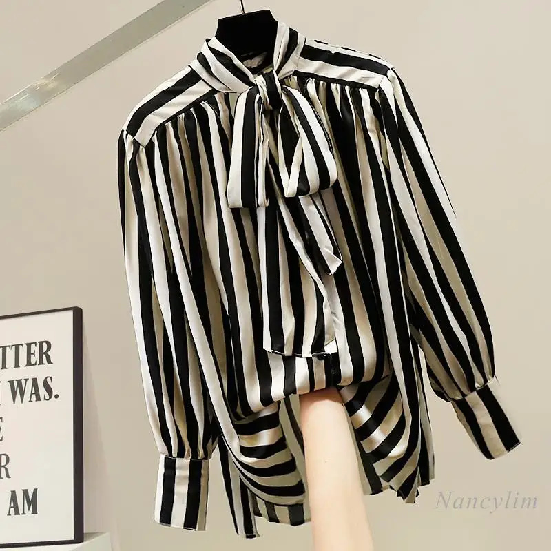 Fashion Heavy Industry's New Bow-tie Striped Shirt Blouse for Women Ladies Long Sleeves Loose and Versatile Tops