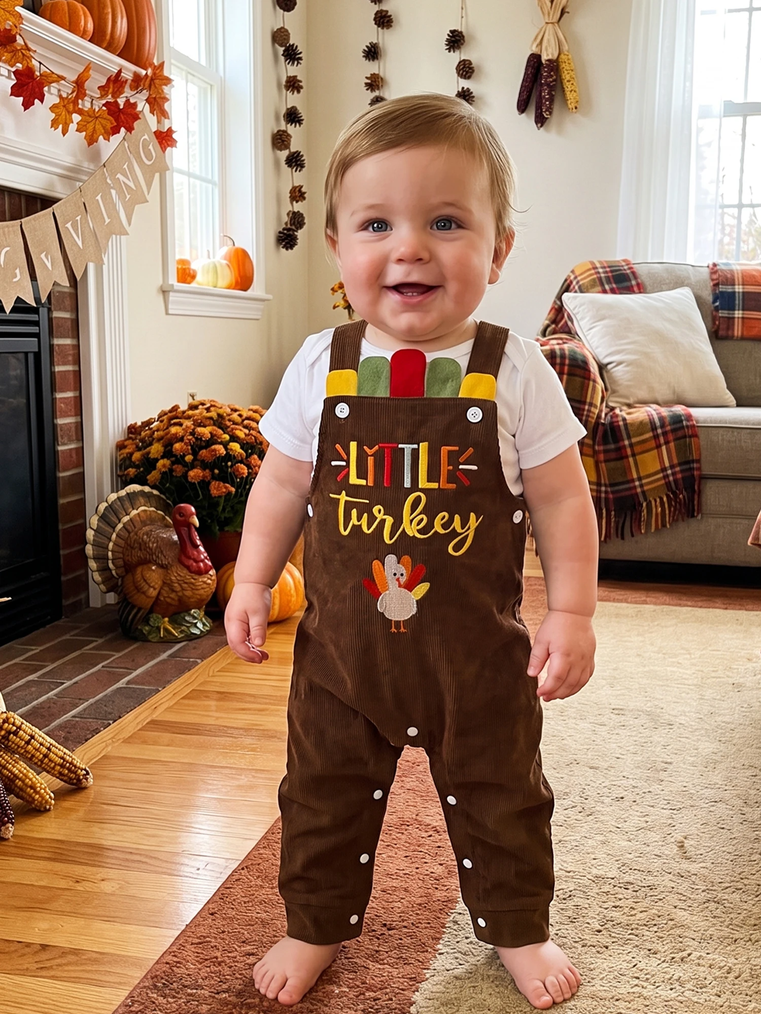 Sleeveless Toddler Turkey Embroidery Overalls Baby Thanksgiving Thanksgiving-Jumpsuit-Turkey Toddler Baby Thanksgiving
