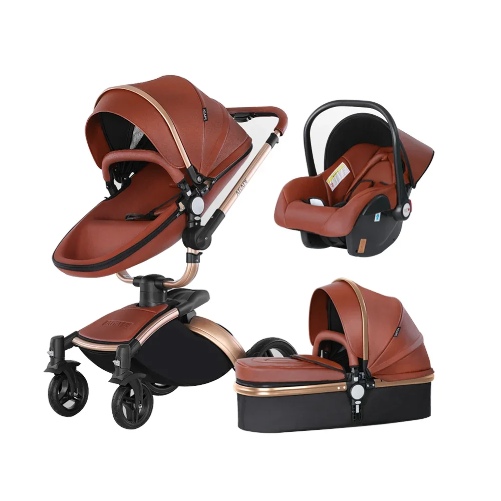 Baby Stroller Luxury Egg Stroller 3 in 1 Foldable Multi-angle Adjustable Leather Pu Wheels with Car Seat for 0-48 Months