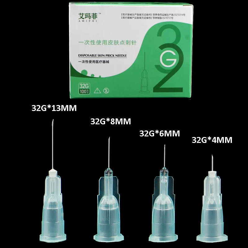 100 PIÈCES/Boîte Aiguilles Stériles 32G 4MM/6MM/8MM/13MM Microneedle Indolores Superfines pour Tatouage Aiguilles de Seringues Jetables