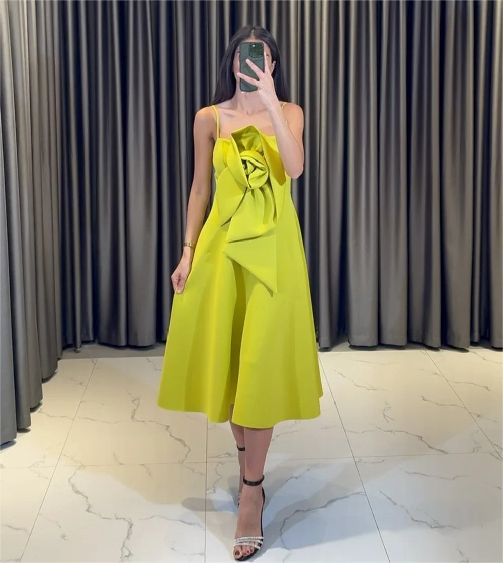 

Simple Matching Jersey Handmade Flower Pleat Draped A-line Spaghetti strap Midi Dresses Prom Dresses Sizes Available Casual