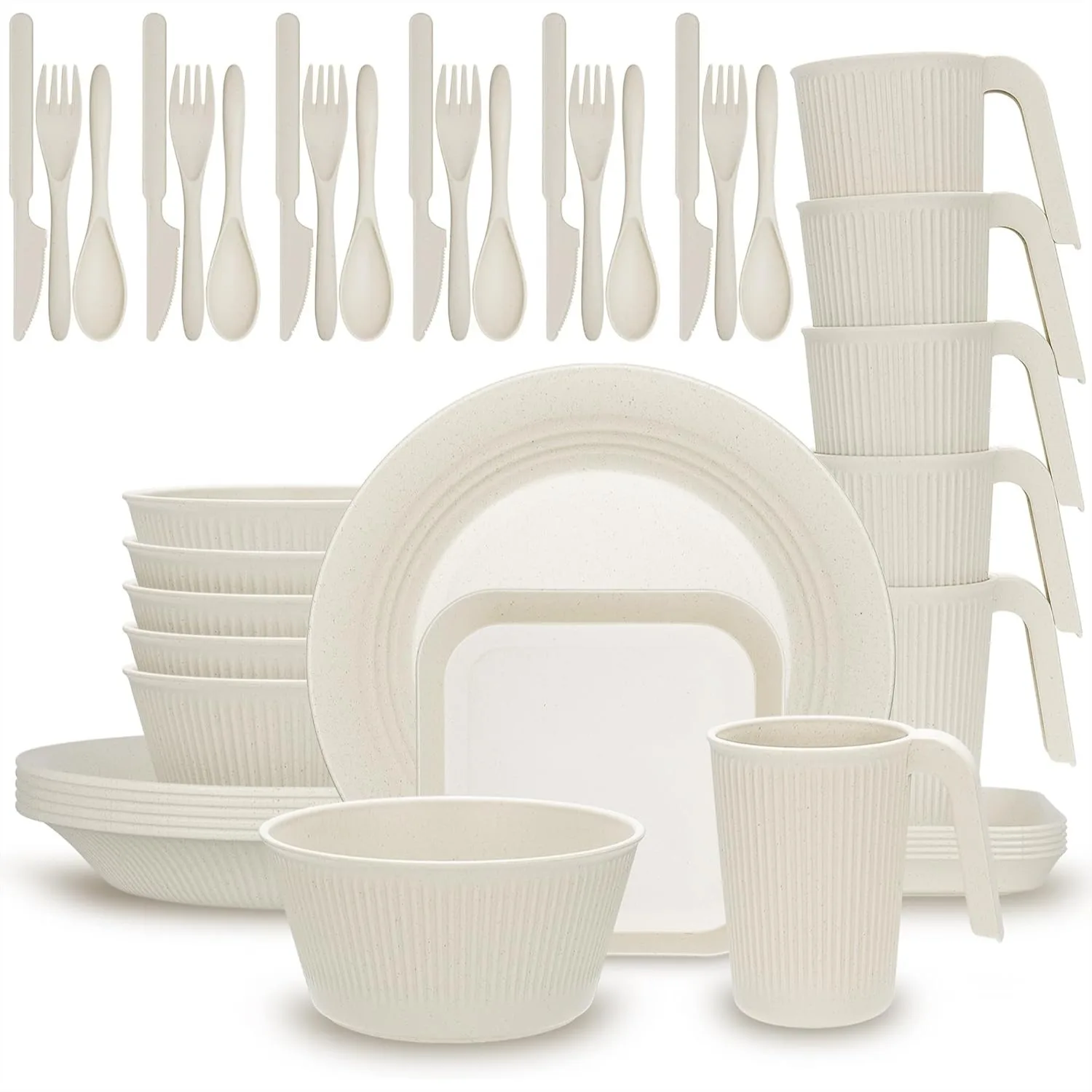 42-Piece Dinnerware Sets - Unbreakable Wheat Straw Plates and Bowls Set, Dishwasher Microwave Safe Kitchen Dishes for 6