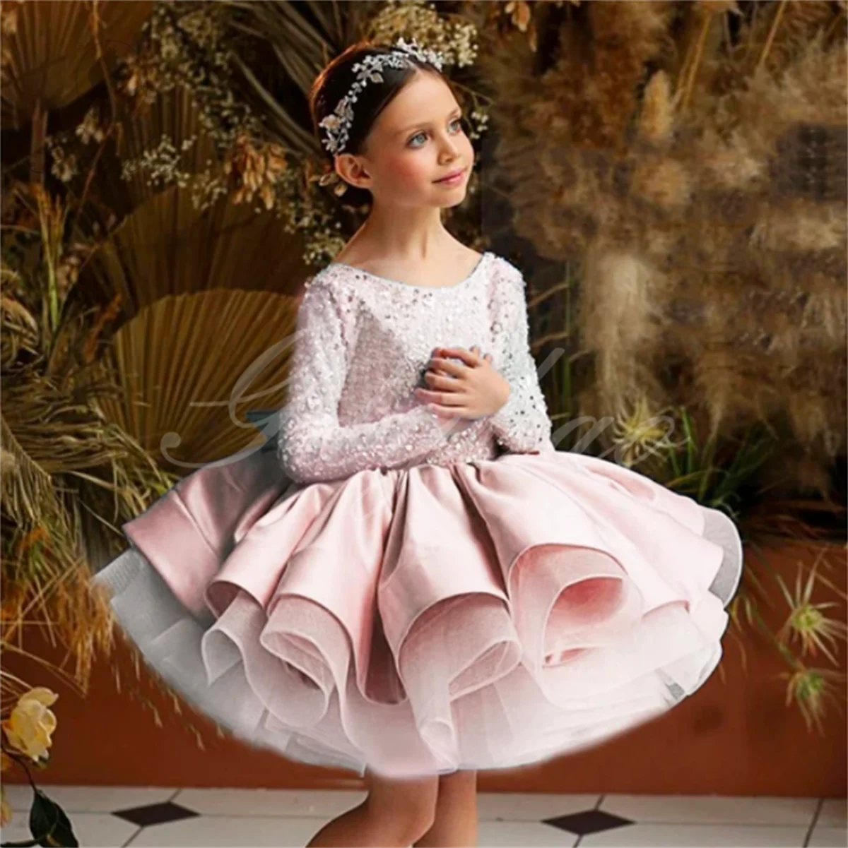Baby Girl Birthday Fluffy Dress Infant Sequin Baptism Gown Flower Wedding Costume Kids Long Sleeved Vestidos Girl Wedding Dress