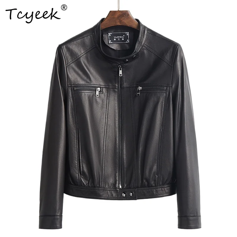 Tcyeek Giacca in pelle da donna in pelle di pecora Primavera Autunno Colletto rialzato Giacca da moto corta nera a maniche lunghe Chaqueta Cuero