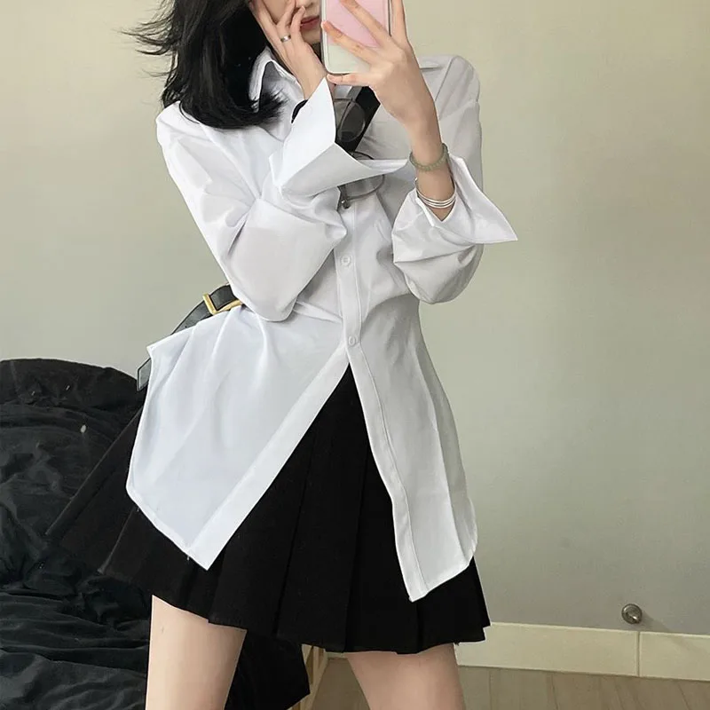 

Deeptown White Tunic Women Blouses Korean Fashion Chic Vintage Sexy Tops Ladies Office Wear Long Sleeve Shirts Female Streetwear