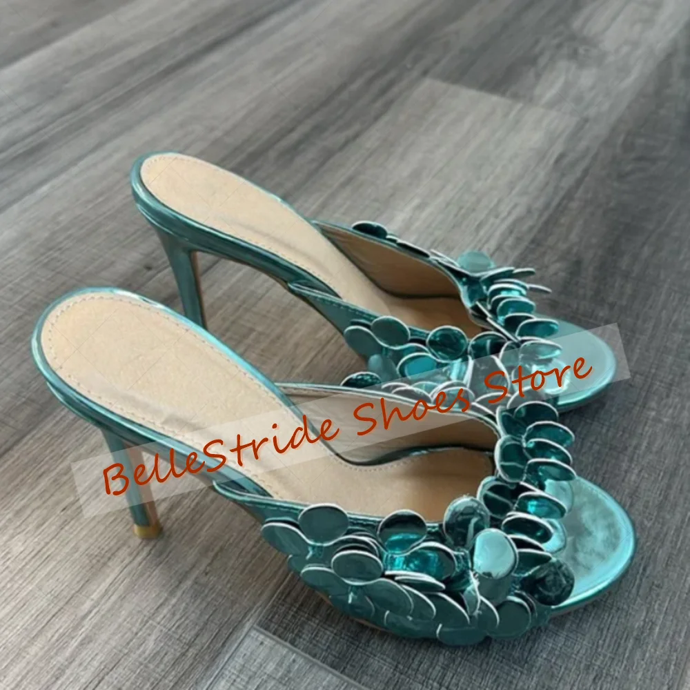 

Синие женские тапочки с открытым носком и круглым носком, с блестками, на высоком каблуке-шпильке, модные вечерние тапочки на ужин, 2025 г., Zapatos Para Mujeres