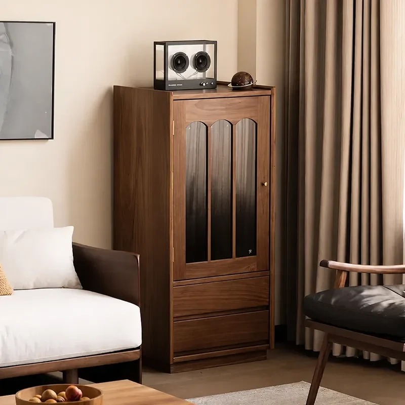Nordic Solid Wood Black Walnut Wine Cabinet Modern Simple Sofa Side Table Living Room Corner Storage Display Shelf