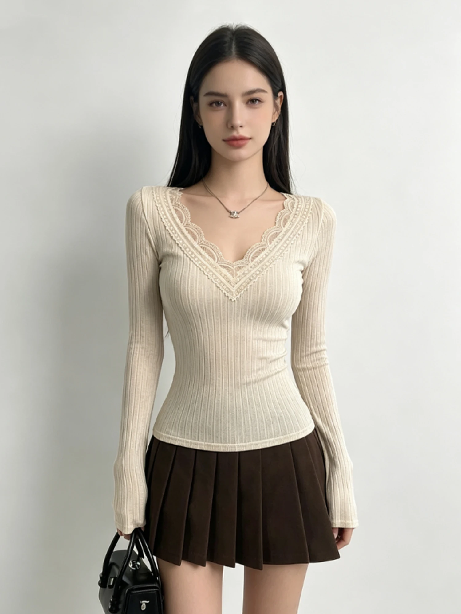 Women's Apricot Long Sleeve T-shirt Korean style Vintage T-Shirt Y2K Gyaru Lace Patchwork Slim Fit Tee Top for Women Autumn 2026