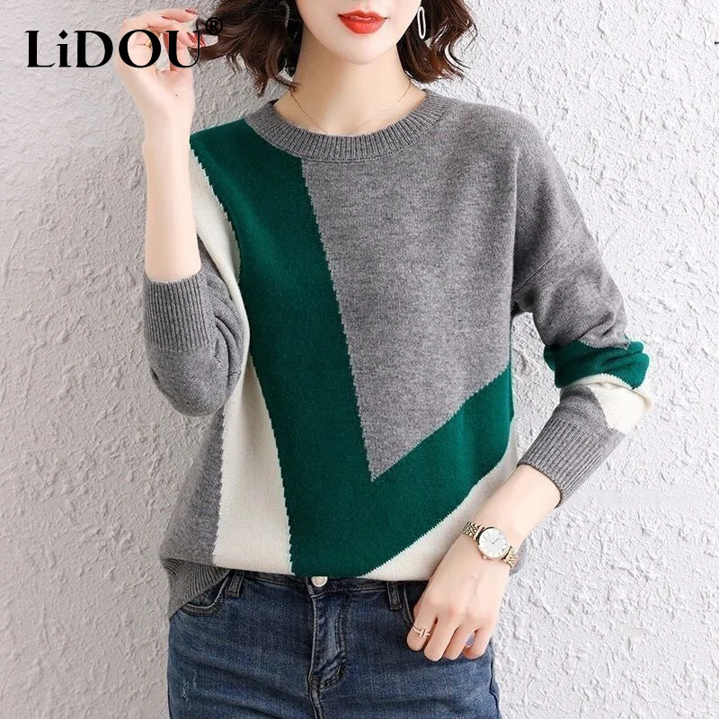 

Женский трикотажный свитер с длинным рукавом, свободный пуловер составного кроя в корейском стиле, весна-осень Y2K