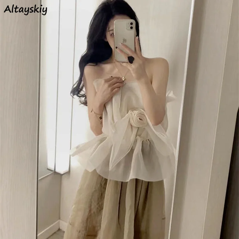 Sets Women Tanks Solid Gauze Sexy Sweet Elegant Skirts Mid-calf Korean Style Trendy Casual Chic Summer Retro Design New Female