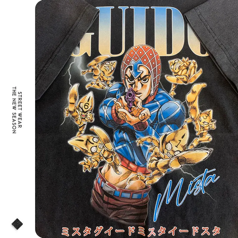 Anime JoJos T Shirt Vintage Washed JOJO Kuujou Jolyne T-shirts Streetwear Short Sleeve Manga Stone Ocean Tops Tees Men Girl