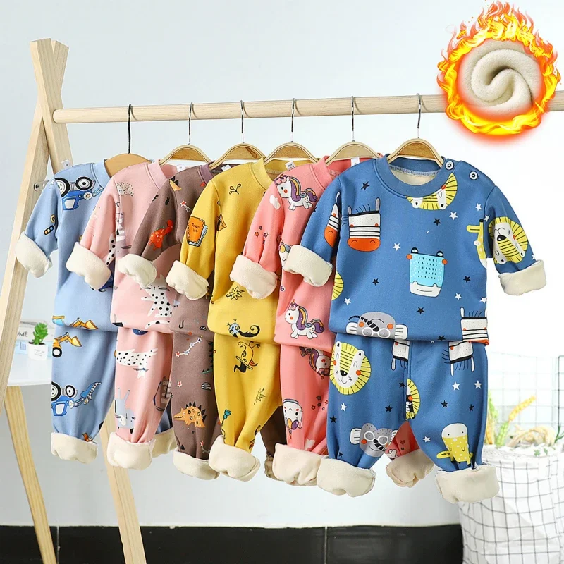 2024 Autumn and Winter Thickened Long-sleeved Girl Clothes Plus Velvet Children Sets Thermal Underwear Suit Boys Cartoon Pajamas