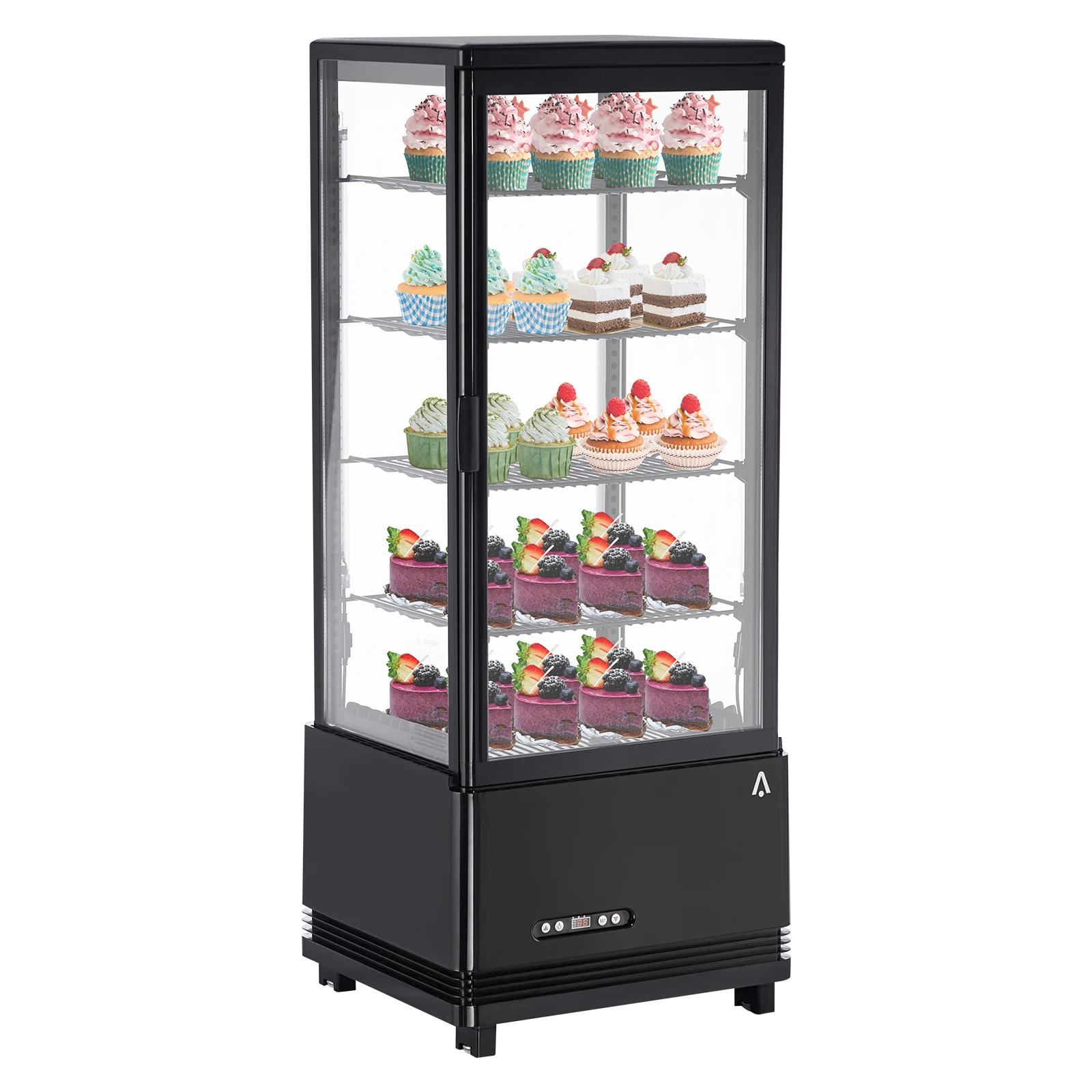 Commercial Countertop Display Refrigerator, 3.46 Cu Ft 4-Side Glass Beverage Cooler with Single Glass Door, Adjustable Shelves, LED Lighting, Auto Defrost, Bakery Pastry Display Case for Store Office