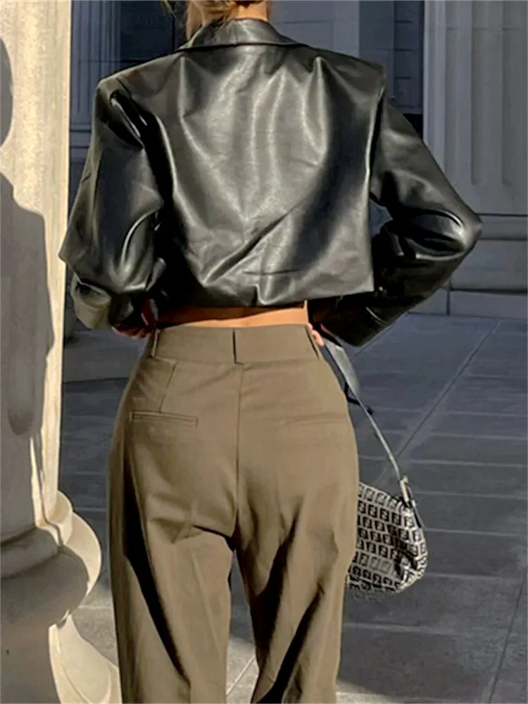 Chaquetas de cuero PU para mujer, abrigos cortos con botones de manga larga, moda coreana, Tops de otoño, ropa de calle