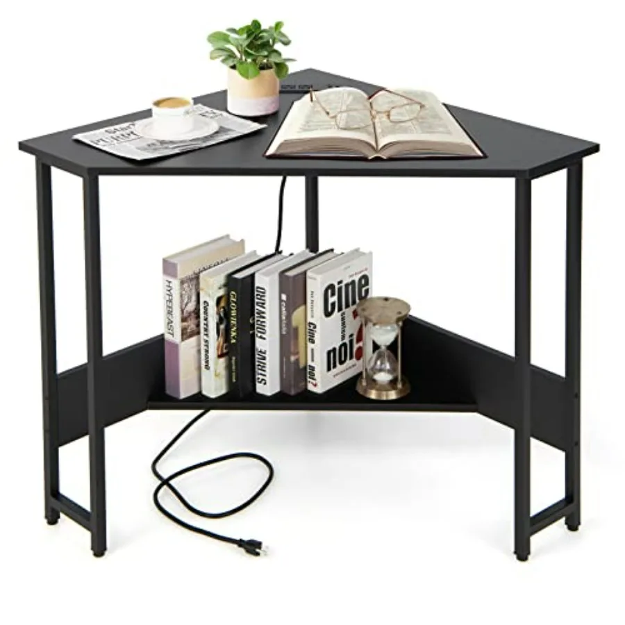 

Угловой компьютерный стол с USB-портами, розеткой, полкой для хранения, для небольших помещений, треугольная стальная рама, угловой стол для домашнего офиса