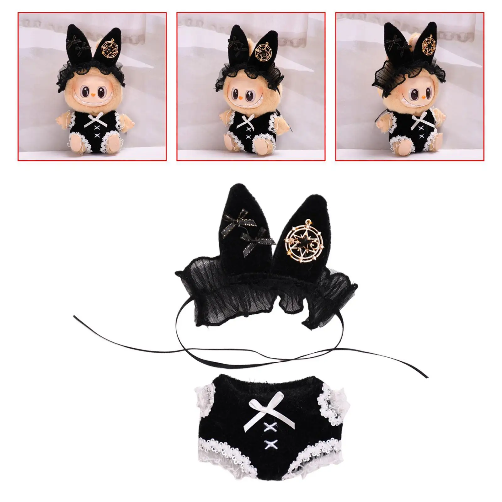 2 Pieces Dolls Bunny Girl Bodysuit Costume and Headband Accs, Miniature Clothes, Handmade Clothing for 10-15cm Dolls