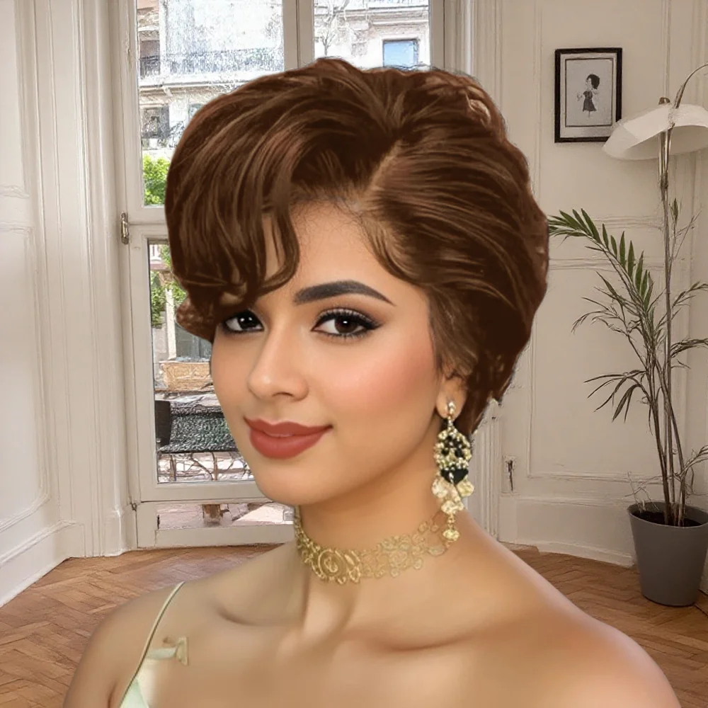 ファッションピクシーレースフロントウィッグ人毛ショートピクシーカットウィッグサイドパートウィッグ