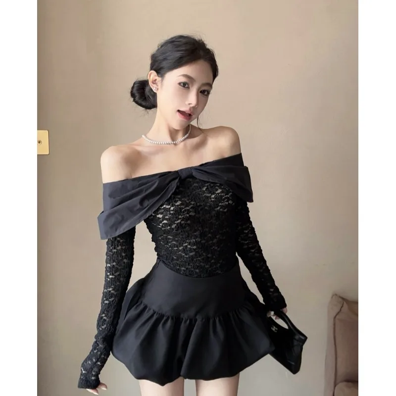 Sweet And Spicy Lace Shirt Slim Fit One Shoulder Trendy Spring Autumn New Style Beautiful Clavicle Lock Breathable Cotton Pol...