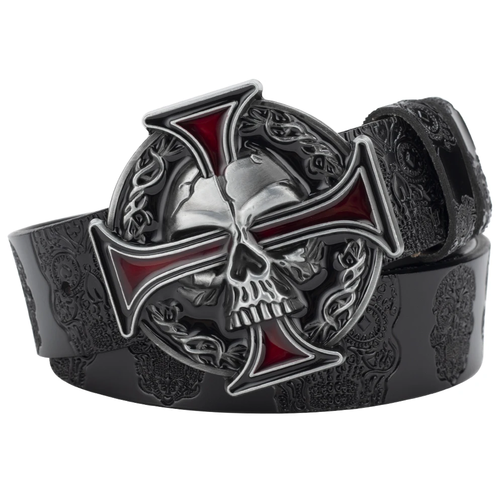 Skull Leather Belt Embossed Pattern Cowskin Fashion Buckle for Men